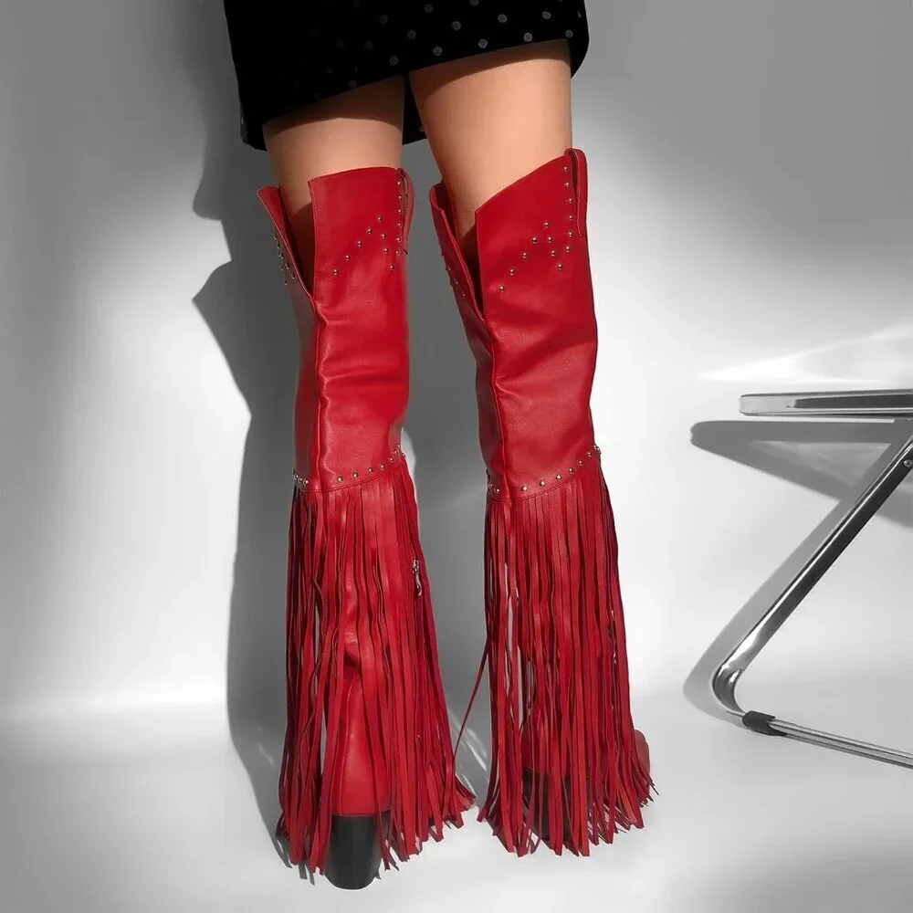 Women Red Synthetic Fringe Thigh High Tassels Wide Calf Over Knee Pointed Boots
